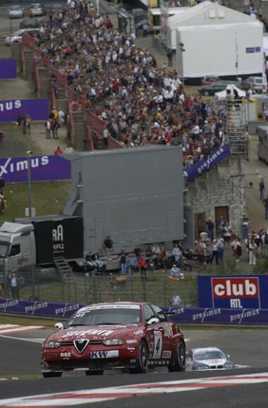 Gabriele Tarquini leading BMW GB driver Andy Prilaux on his way to victory in the opening FIA ETCC race at Spa, a win that enabled him to enter the summer break still leading the series