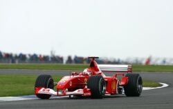 Michael Schumacher on his way to a 60th career Grand Prix victory at the 2002 British Grand Prix