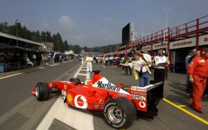 Rubens Barrichello exits the pits in his Ferrari during qualifying for the Belgian Grand Prix