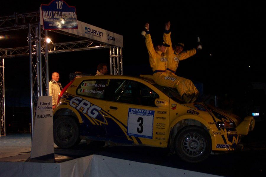 Paolo Andreucci celebrates clinching the Italian Rally Championship title. Photo: Marco Tenuti