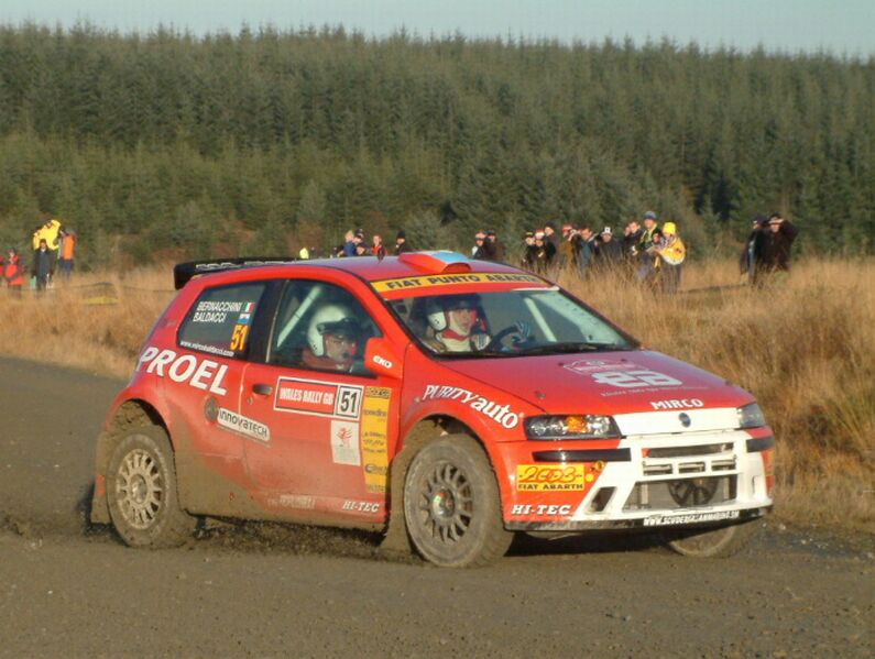 Micro Baldacci in his Fiat Punto Abarth Rally on his way to second place in the Junior category on the Wales Rally GB