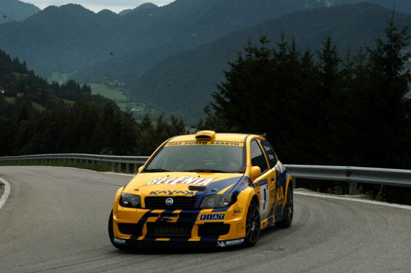 Giandomenico Basso on his way to victory in the last round of the 2004 Italian Rally Championship, the Rally San Martino di Castrozza