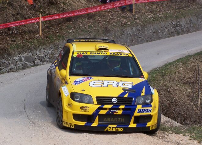 Fiat Punto Abarth Rally in action on the 2004 Rally Mille Miglia. Photo: Marco Tenuti. 