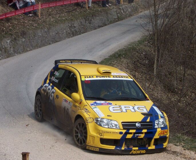 Fiat Punto Abarth Rally in action on the 2004 Rally Mille Miglia. Photo: Marco Tenuti. 